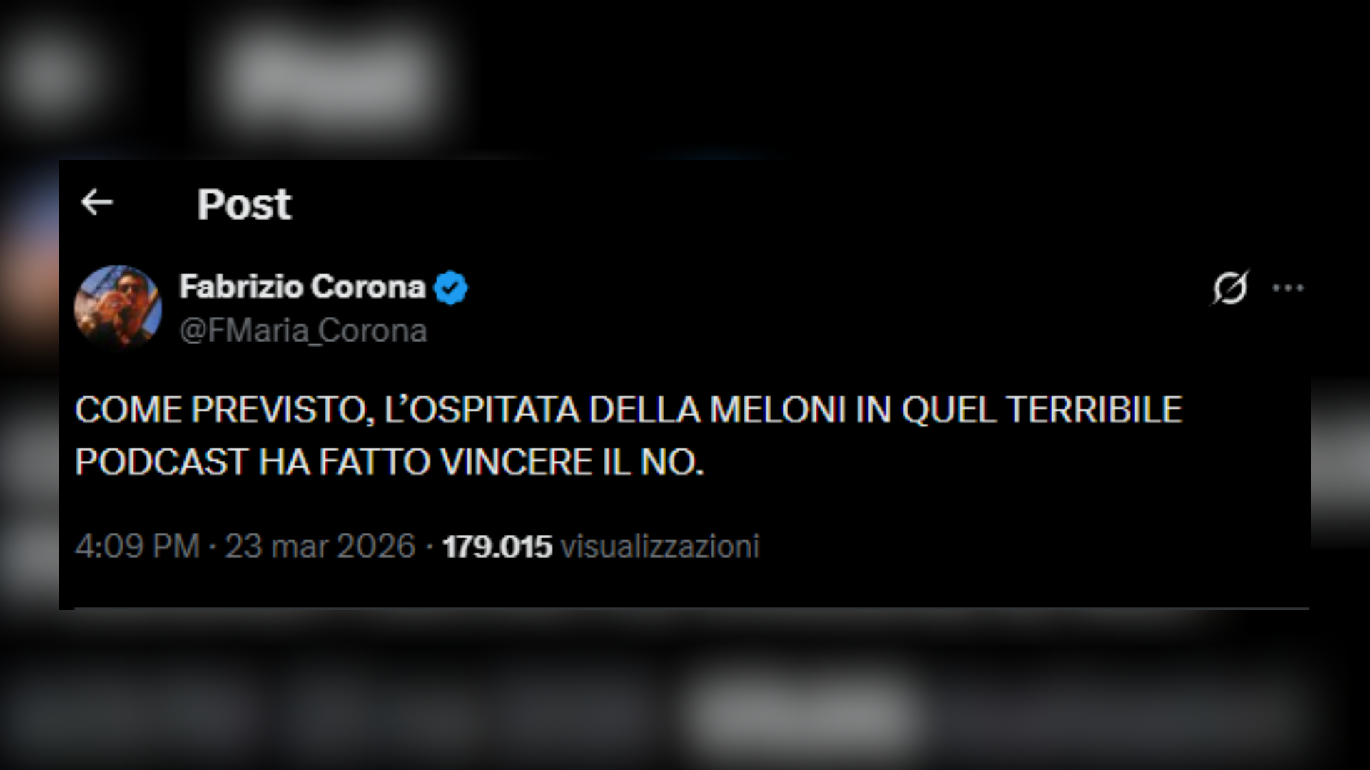 Corona contro Meloni al podcast: “Ha fatto vincere il No”