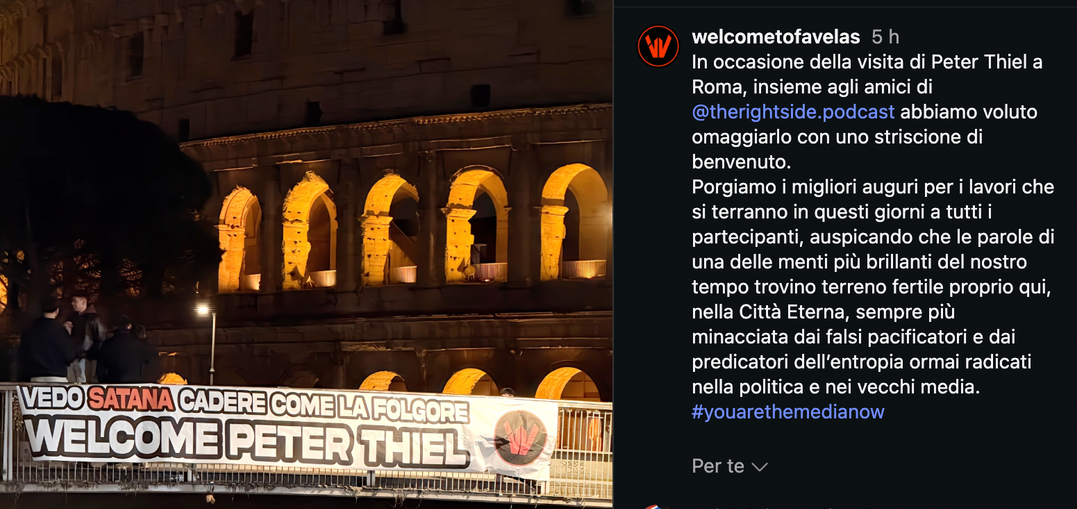 “Vedo Satana cadere come la folgore”, Peter Thiel arriva a Roma per seminari riservati